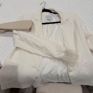 Bloomingdale's Cream Blazer with Feather Cuffs